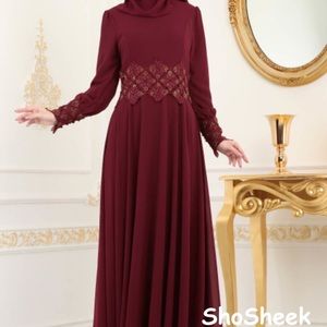 🎁Burgundy long sleeve dress abaya.Free hijab gift